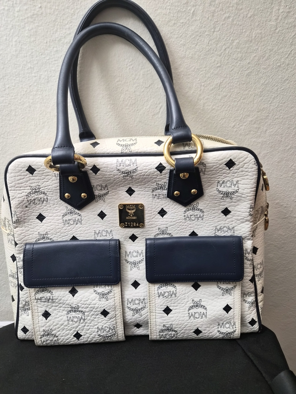 Used, MCM White & Navy Logo Leather Satchel Bag
